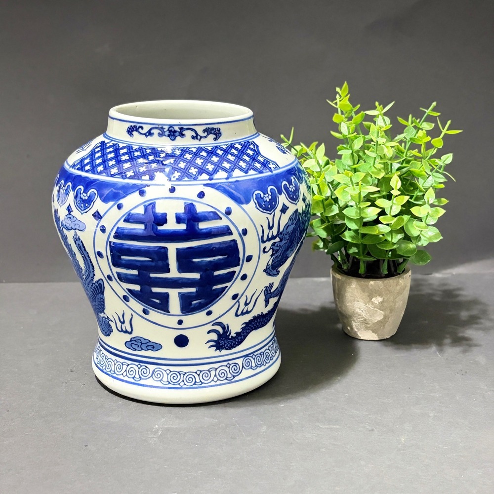 Chinese Blue White Porcelain Ginger Jar Vase Dbl Happiness Dragon Phoenix 7"